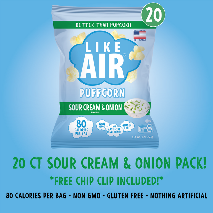 Sour Cream & Onion Puffcorn Single Serve  - 20 bags - Like Air Puffcorn